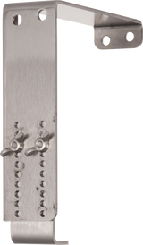 The Vulcan Gap adjust bracket (GADJUST-VMCS) is a metal bracket with a brushed finish, featuring two wing nuts on vertical slots for adjustable positioning. It has three mounting holes at the top and a hook-like bend for secure attachment to flat surfaces.