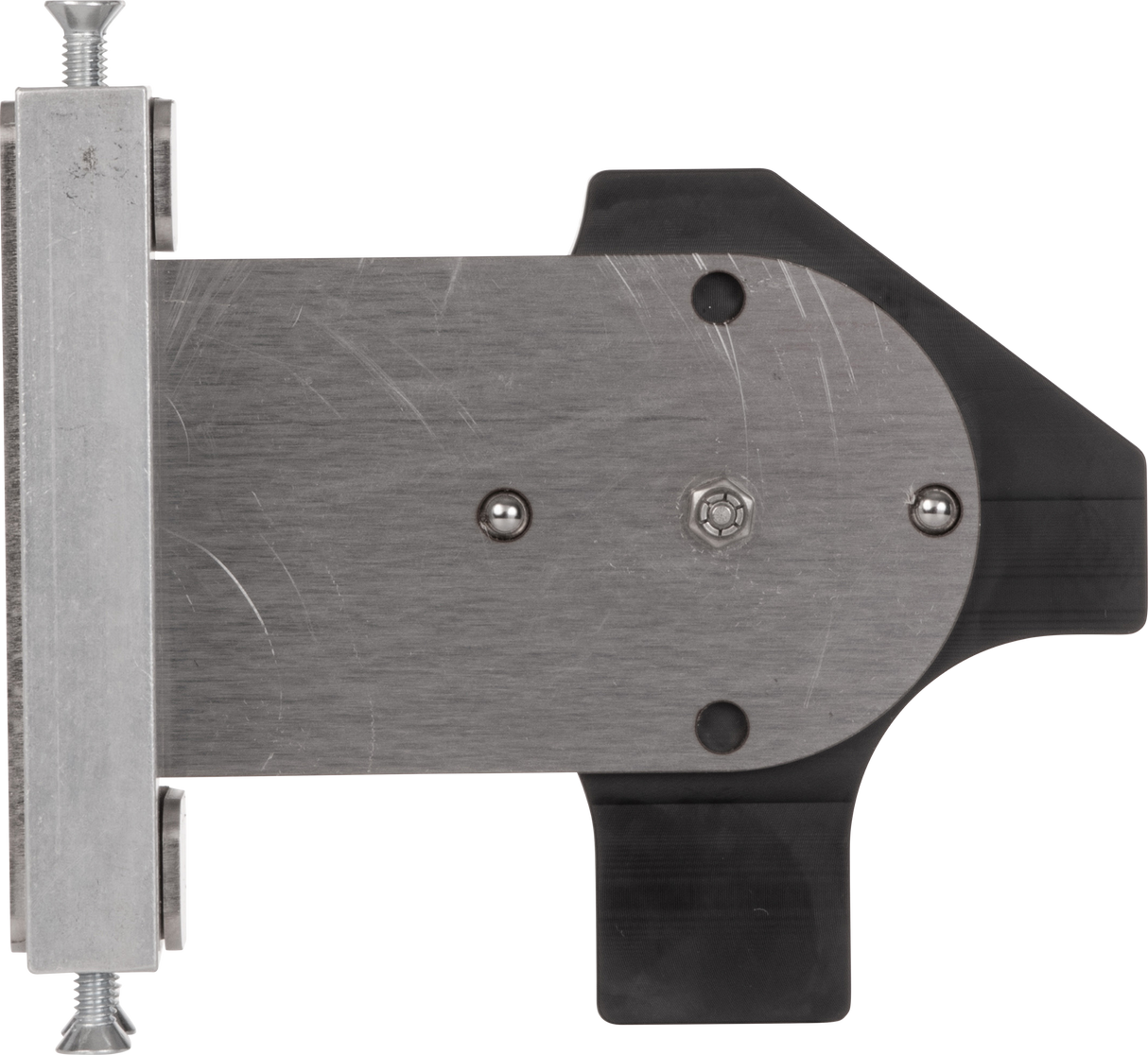 A close-up view of a flat, brushed metal Rotary Gap Adjustment Bracket with rounded edges, attached to a black plastic component. The assembly is secured with bolts and a hex screw. On the left, part of a Vulcan GADJUST-ROTARY bar appears.