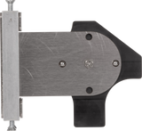 A close-up view of a flat, brushed metal Rotary Gap Adjustment Bracket with rounded edges, attached to a black plastic component. The assembly is secured with bolts and a hex screw. On the left, part of a Vulcan GADJUST-ROTARY bar appears.
