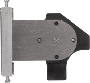 A close-up view of a flat, brushed metal Rotary Gap Adjustment Bracket with rounded edges, attached to a black plastic component. The assembly is secured with bolts and a hex screw. On the left, part of a Vulcan GADJUST-ROTARY bar appears.