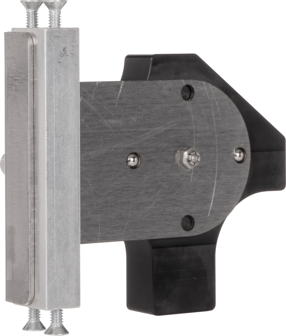 A close-up of a Vulcan Rotary Gap Adjustment Bracket (GADJUST-ROTARY) shows two silver bolts on the left, a flat metal plate with visible screws in the center, and a black plastic handle on the right, set against a plain light background.