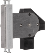 A close-up of a Vulcan Rotary Gap Adjustment Bracket (GADJUST-ROTARY) shows two silver bolts on the left, a flat metal plate with visible screws in the center, and a black plastic handle on the right, set against a plain light background.
