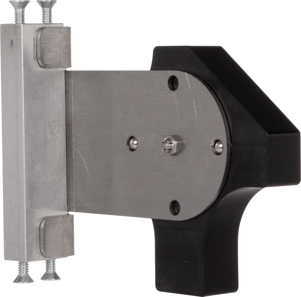 A metal and black plastic Vulcan clamp with two silver screws on the left, a flat rectangular plate in the center with three screw holes, and a black handle on the right. Ideal as a Rotary Gap Adjustment Bracket. The background is plain white.