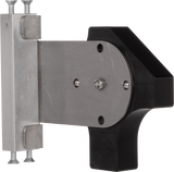 A metal and black plastic Vulcan clamp with two silver screws on the left, a flat rectangular plate in the center with three screw holes, and a black handle on the right. Ideal as a Rotary Gap Adjustment Bracket. The background is plain white.