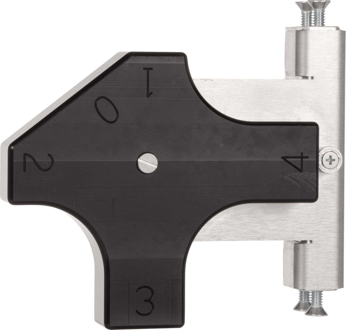 A black, four-sided, arrow-shaped plastic dial marked 1 to 4 is mounted on a Vulcan Rotary Gap Adjustment Bracket (GADJUST-ROTARY) with screws. The central hole allows smooth rotation, and the bracket extends right for precise positioning.