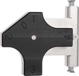 A black, four-sided, arrow-shaped plastic dial marked 1 to 4 is mounted on a Vulcan Rotary Gap Adjustment Bracket (GADJUST-ROTARY) with screws. The central hole allows smooth rotation, and the bracket extends right for precise positioning.
