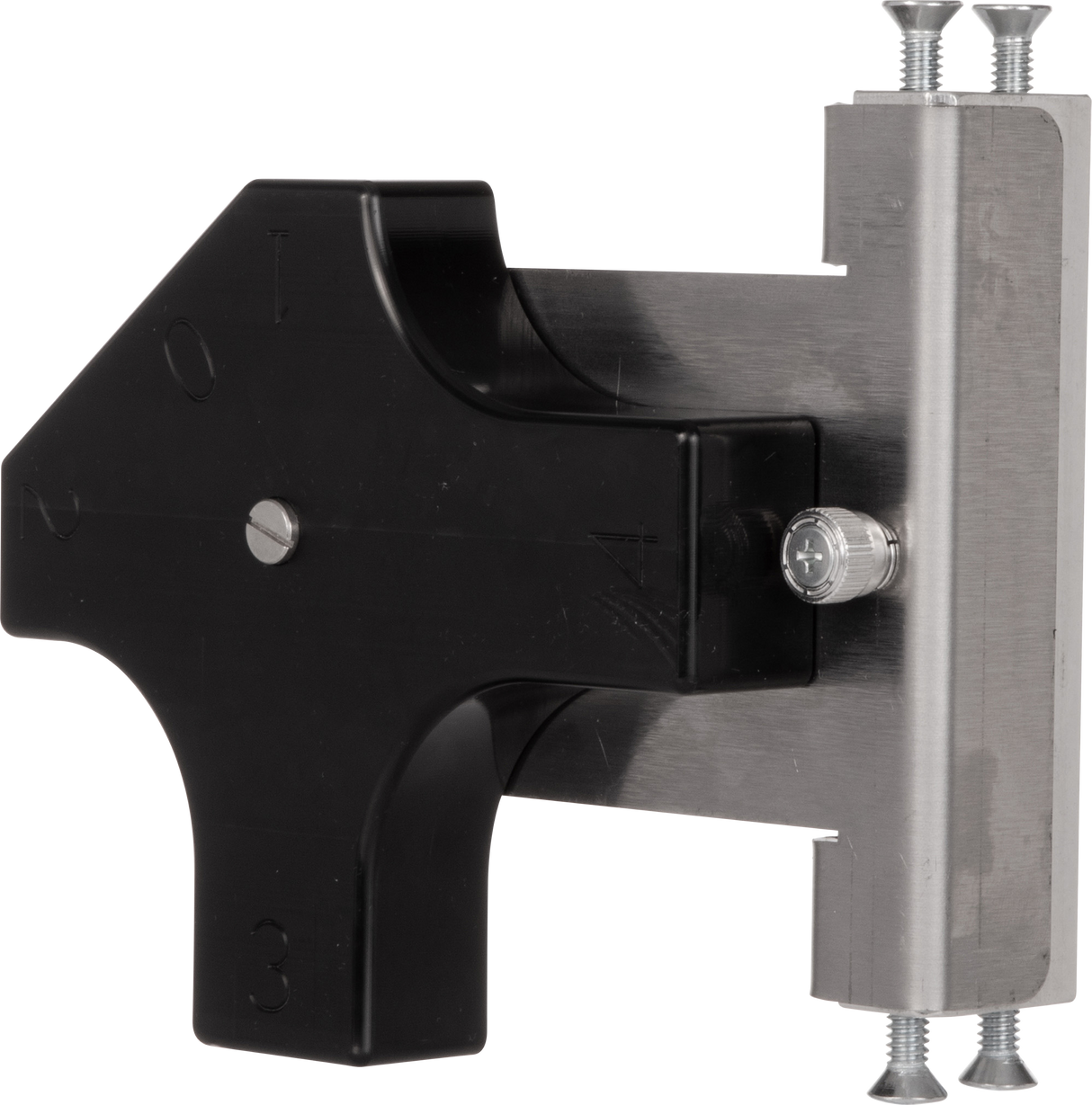 A close-up of a Vulcan GADJUST-ROTARY tool, featuring an arrow-shaped dial with numbers and letters. This Rotary Gap Adjustment Bracket, made of black plastic and silver metal, is attached to a metal base with screws and bolts on the right side.