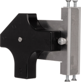 A close-up of a Vulcan GADJUST-ROTARY tool, featuring an arrow-shaped dial with numbers and letters. This Rotary Gap Adjustment Bracket, made of black plastic and silver metal, is attached to a metal base with screws and bolts on the right side.