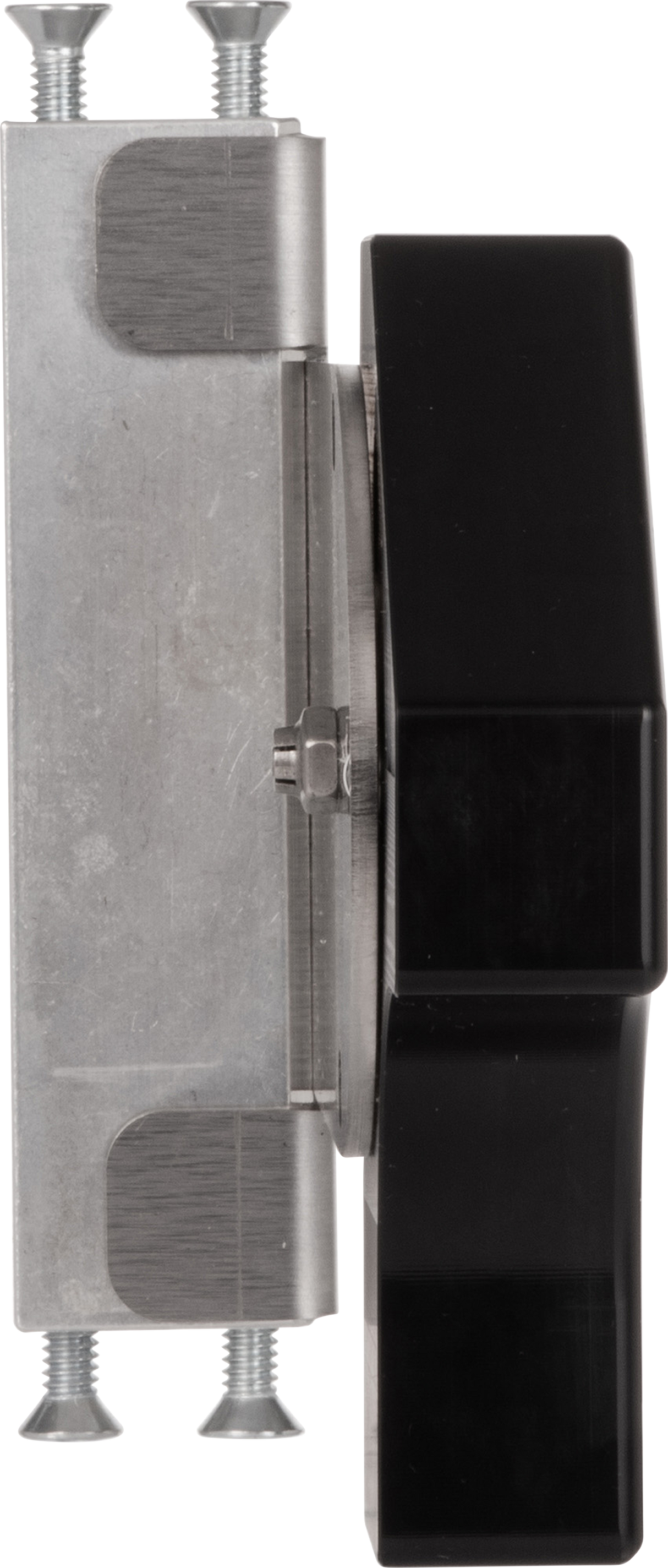Side view of a Vulcan Rotary Gap Adjustment Bracket (GADJUST-ROTARY) with two visible screws. The left section has a brushed metallic finish, while the right is smooth black plastic, both joined at the center by a hinge.