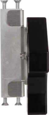 Side view of a Vulcan Rotary Gap Adjustment Bracket (GADJUST-ROTARY) with two visible screws. The left section has a brushed metallic finish, while the right is smooth black plastic, both joined at the center by a hinge.