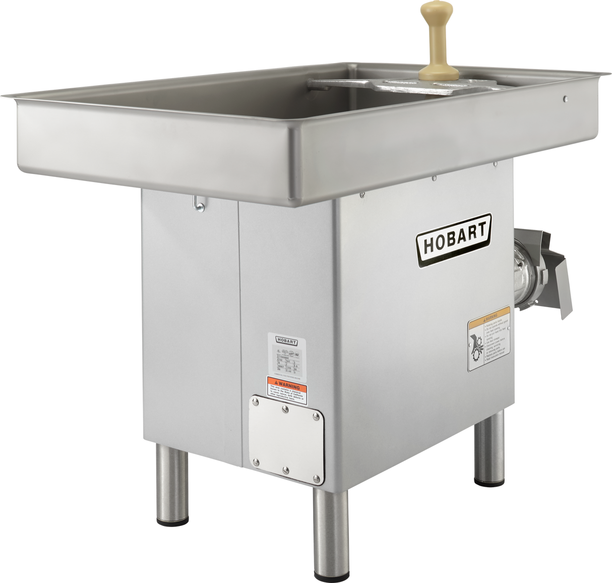 A Hobart Meat Grinder with a 3 HP motor, stainless steel pan, rectangular tray on top, beige handle, and sturdy metal legs. The side-mounted grinding mechanism and multiple warning labels enhance safety and performance.
