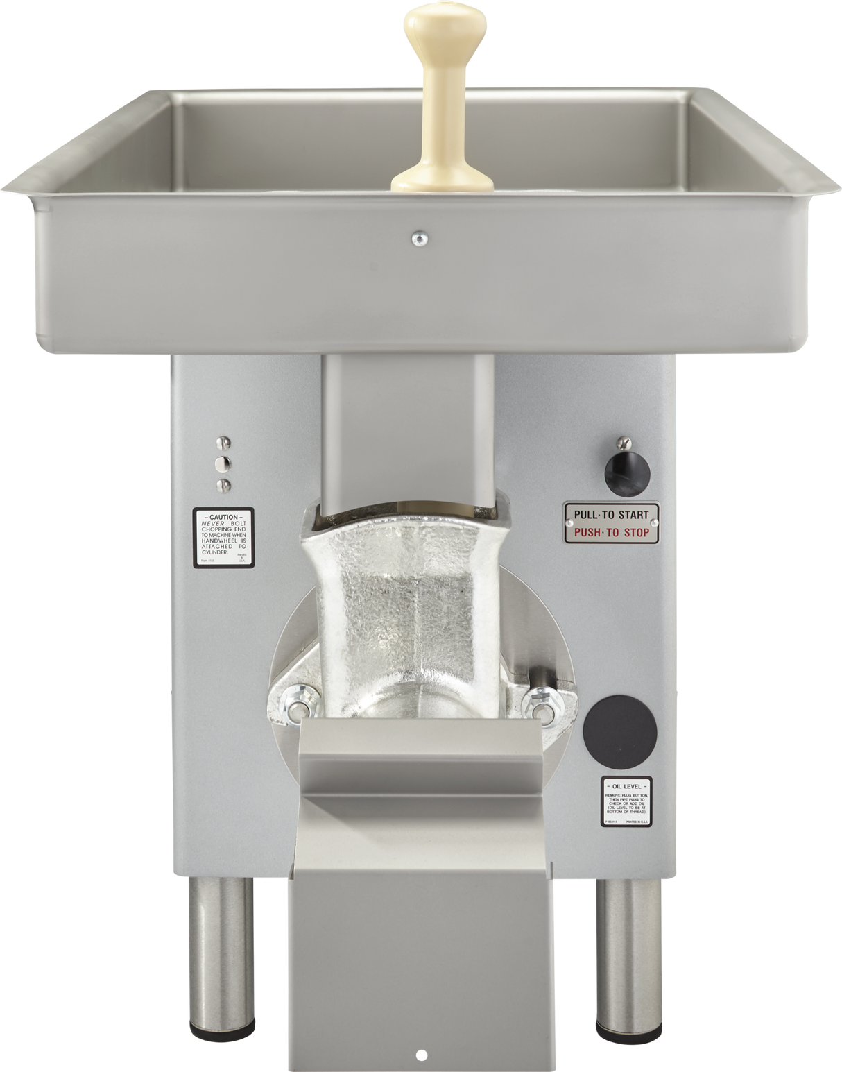 An industrial Hobart Meat Grinder with a 3 HP motor, stainless steel body, rectangular pan on top, beige plastic plunger handle, push-to-start button, warning labels, meat chute at the front, and four sturdy metal legs.