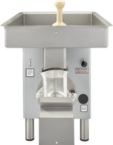 An industrial Hobart Meat Grinder with a 3 HP motor, stainless steel body, rectangular pan on top, beige plastic plunger handle, push-to-start button, warning labels, meat chute at the front, and four sturdy metal legs.