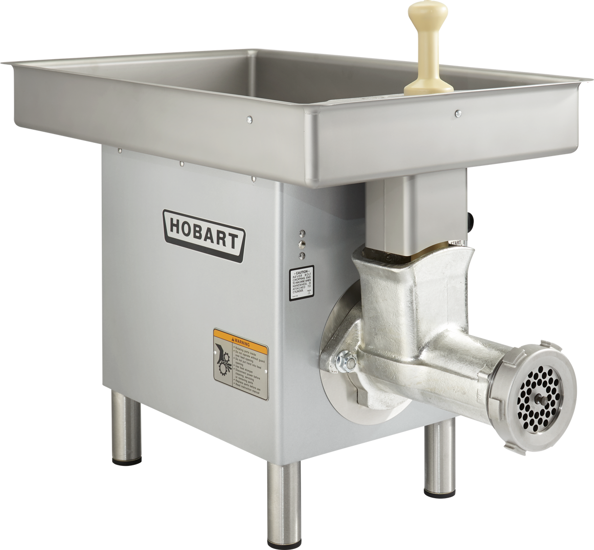 A Hobart Meat Grinder with a powerful 3 HP motor features a large rectangular stainless steel pan on top, a plastic plunger handle, metal grinding unit, and perforated output plate. The Hobart logo is displayed on the side of its sturdy four-legged frame.