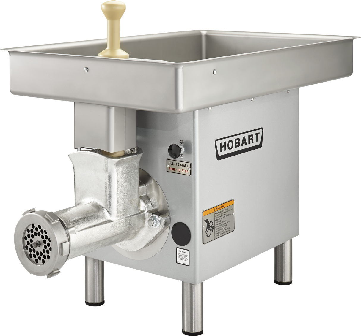 A commercial Hobart Meat Grinder with a 3 HP motor, large stainless steel pan, round grinding head, and tan plastic pusher. The unit stands on four sturdy metal legs and features branding, warning labels, and a side power switch.