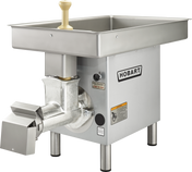 A commercial-grade Hobart Meat Grinder featuring a powerful 3 HP motor, large stainless steel tray, yellow handled plunger, and metal grinding assembly. Designed for heavy-duty meat processing with a 35-40 lb/min capacity.