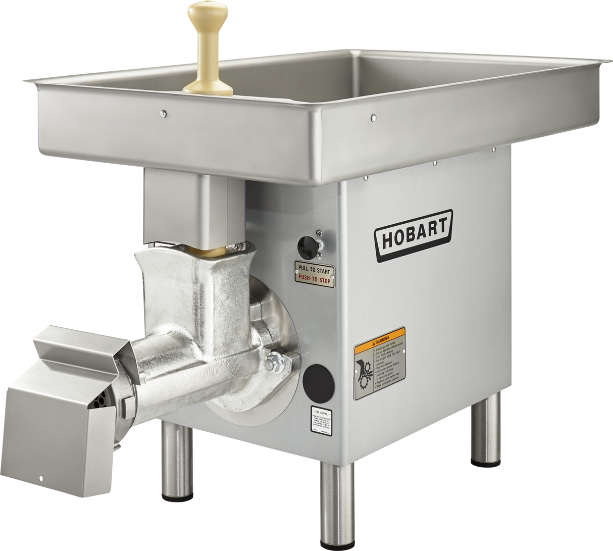 A Hobart Meat Grinder with a 3 HP motor and large rectangular tray, featuring sturdy metal legs, safety labels, yellow handle, and an industrial design. This stainless steel grinder handles up to 35-40 lb/min capacity with its efficient discharge tube.