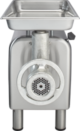 A bench type Meat Chopper is shown from the front. Featuring a stainless steel body, it has a 1/2 HP motor, a rectangular tray on top, a central feed tube, circular perforated grinding plate, two sturdy legs, and a side handle.