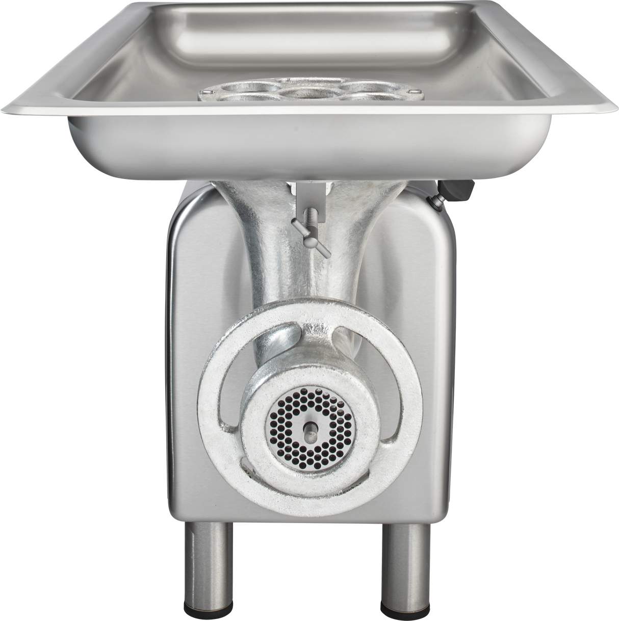 A stainless steel bench type Meat Chopper with a powerful 1-1/2 HP motor, featuring a large rectangular tray on top, circular grinding plate and blade at the front, and two sturdy legs, shown against a white background.