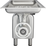 A stainless steel bench type Meat Chopper with a powerful 1-1/2 HP motor, featuring a large rectangular tray on top, circular grinding plate and blade at the front, and two sturdy legs, shown against a white background.