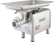 A silver Hobart Meat Chopper with a 1-1/2 HP motor features a large rectangular tray on top, metal grinding parts in front, a side-mounted handle, and warning labels. This bench type machine stands on four sturdy legs.