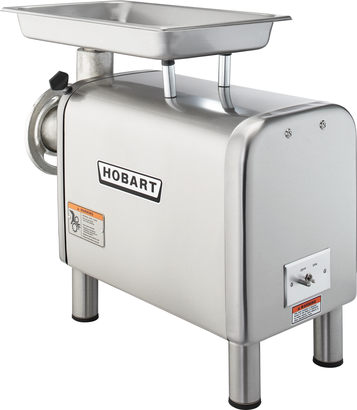 A stainless steel Hobart bench type Meat Chopper with a powerful 1-1/2 HP motor, large rectangular feed tray on top, cylindrical grinder attachment on the left, and sturdy legs. The machine displays the Hobart logo and safety labels on its body.