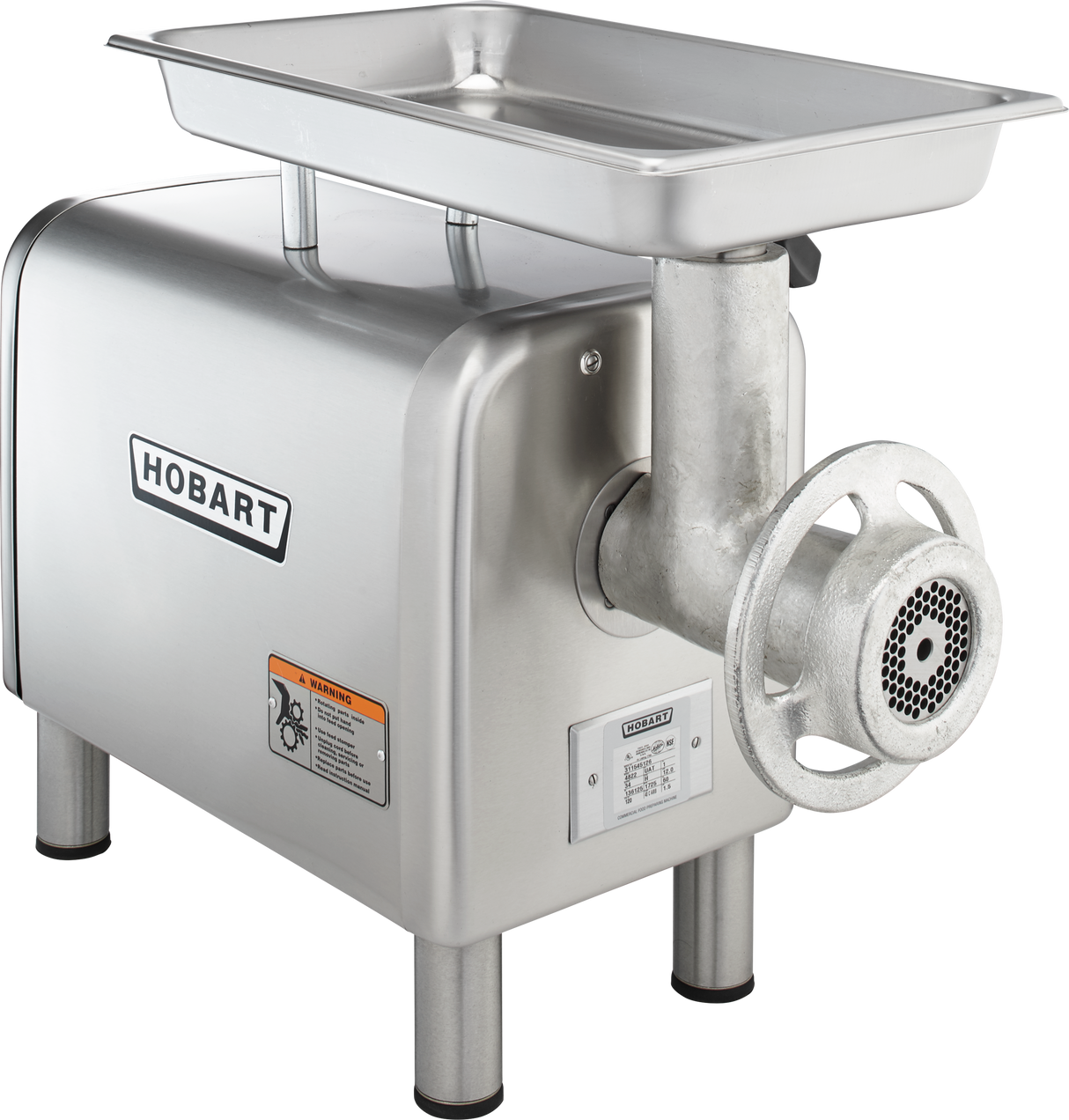 A stainless steel Hobart Meat Chopper with a powerful 1-1/2 HP motor, four sturdy legs, a side-mounted power switch, large meat tray on top, and grinding plate at the front; HOBART brand name is clearly visible on this bench type grinder.
