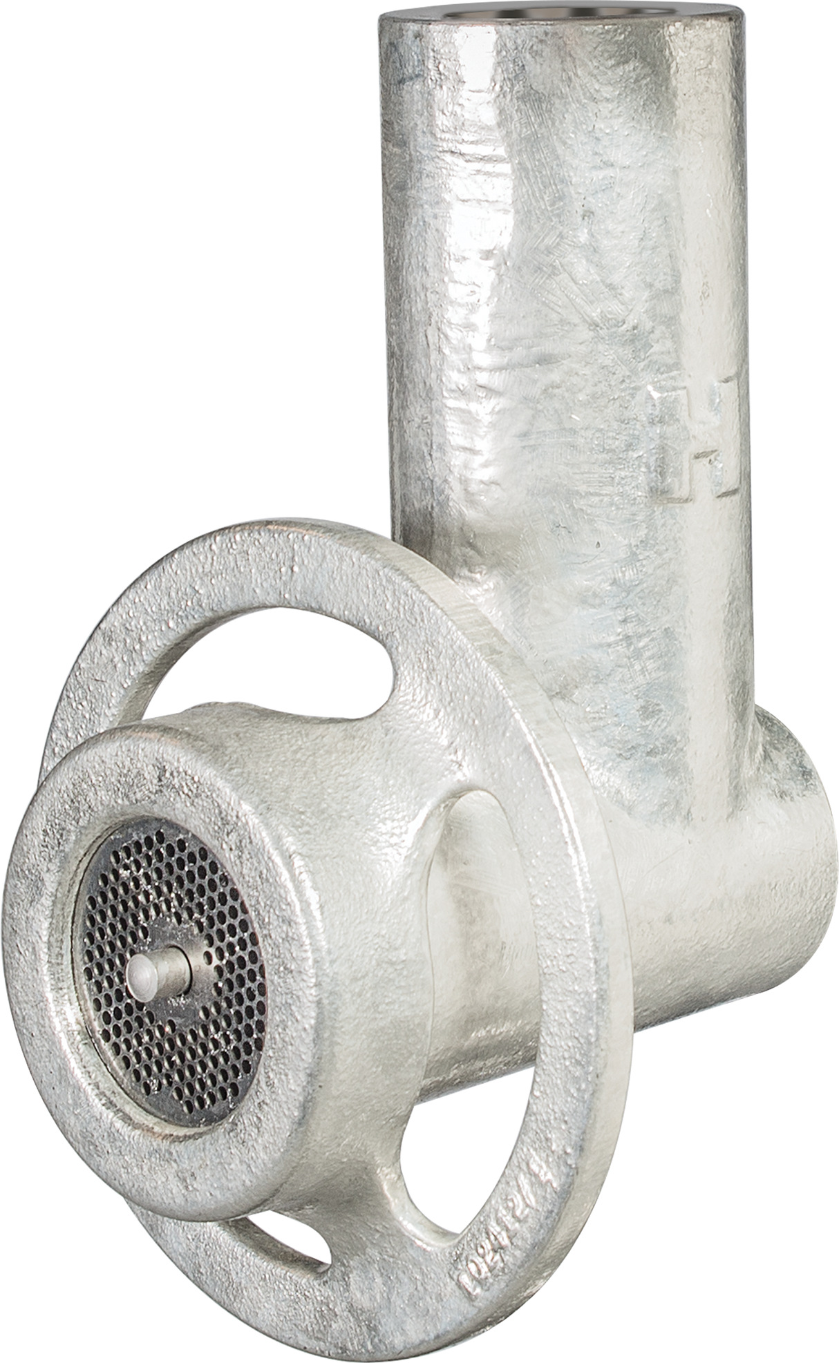 A metallic Hobart #12 attachment meat grinder features a cylindrical body, circular hand crank, and perforated disk for grinding. Its rough, unfinished surface adds a utilitarian look. The background is plain white.