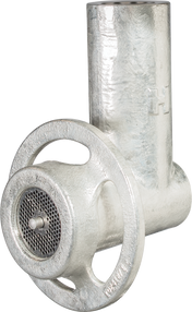 A metallic Hobart #12 attachment meat grinder features a cylindrical body, circular hand crank, and perforated disk for grinding. Its rough, unfinished surface adds a utilitarian look. The background is plain white.