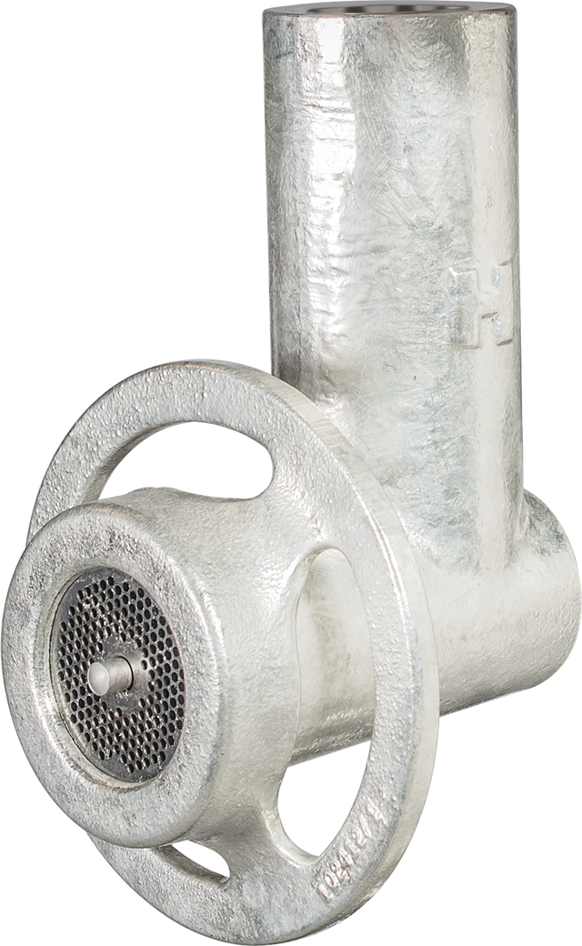 A metallic Hobart #12 attachment meat grinder features a cylindrical body, circular hand crank, and perforated disk for grinding. Its rough, unfinished surface adds a utilitarian look. The background is plain white.