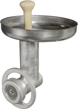 A silver Meat Grinder with a hand-crank, round tray, and front grinding plate. A cream handle rises from the tray center. Industrial style, designed for a #12 attachment hub—like the Hobart 12TIN-C/EPAN—shown on a white background.