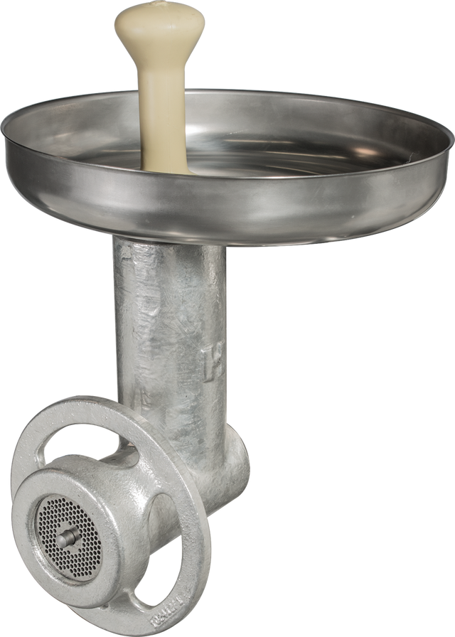 A silver Meat Grinder with a hand-crank, round tray, and front grinding plate. A cream handle rises from the tray center. Industrial style, designed for a #12 attachment hub—like the Hobart 12TIN-C/EPAN—shown on a white background.