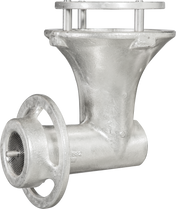 A metal industrial valve with a cylindrical inlet, mesh screen on one end, and a flanged outlet on top. It features a sturdy grind plate and #22 attachment hub, with bolts and matte silver finish, positioned against a plain white background.