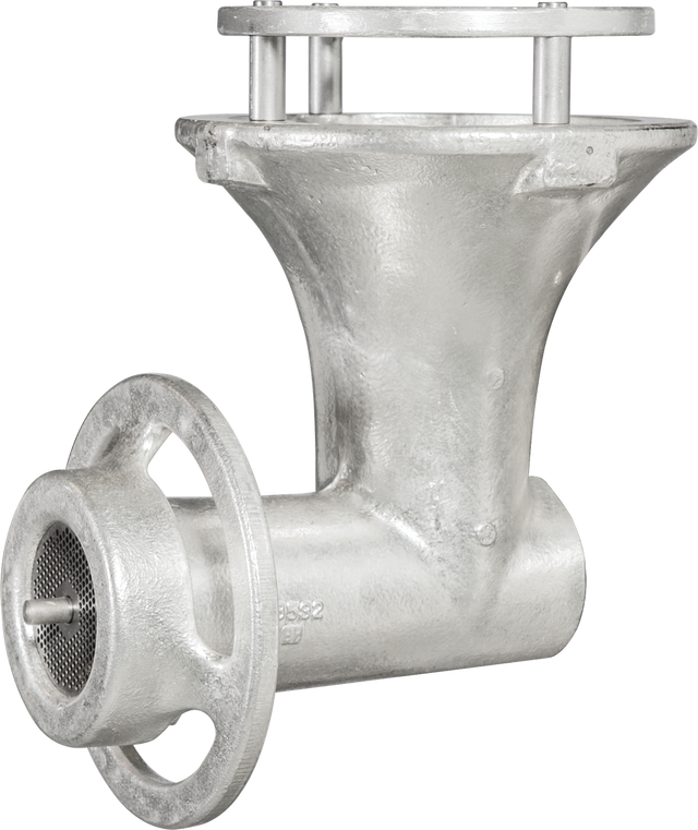 A metal industrial valve with a cylindrical inlet, mesh screen on one end, and a flanged outlet on top. It features a sturdy grind plate and #22 attachment hub, with bolts and matte silver finish, positioned against a plain white background.