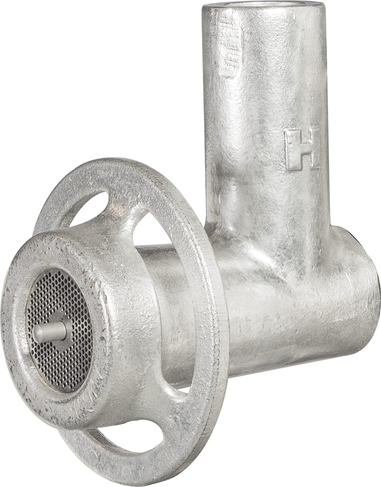 A metallic Hobart meat grinder attachment with a cylindrical body, circular front disc with small holes, star-shaped blade guard, and vertical feed tube. This industrial #22 Attachment hub features a Straight Throat Chop End Assy and is made of shiny metal.