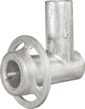 A metallic Hobart meat grinder attachment with a cylindrical body, circular front disc with small holes, star-shaped blade guard, and vertical feed tube. This industrial #22 Attachment hub features a Straight Throat Chop End Assy and is made of shiny metal.