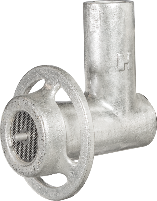 A metallic Hobart meat grinder attachment with a cylindrical body, circular front disc with small holes, star-shaped blade guard, and vertical feed tube. This industrial #22 Attachment hub features a Straight Throat Chop End Assy and is made of shiny metal.