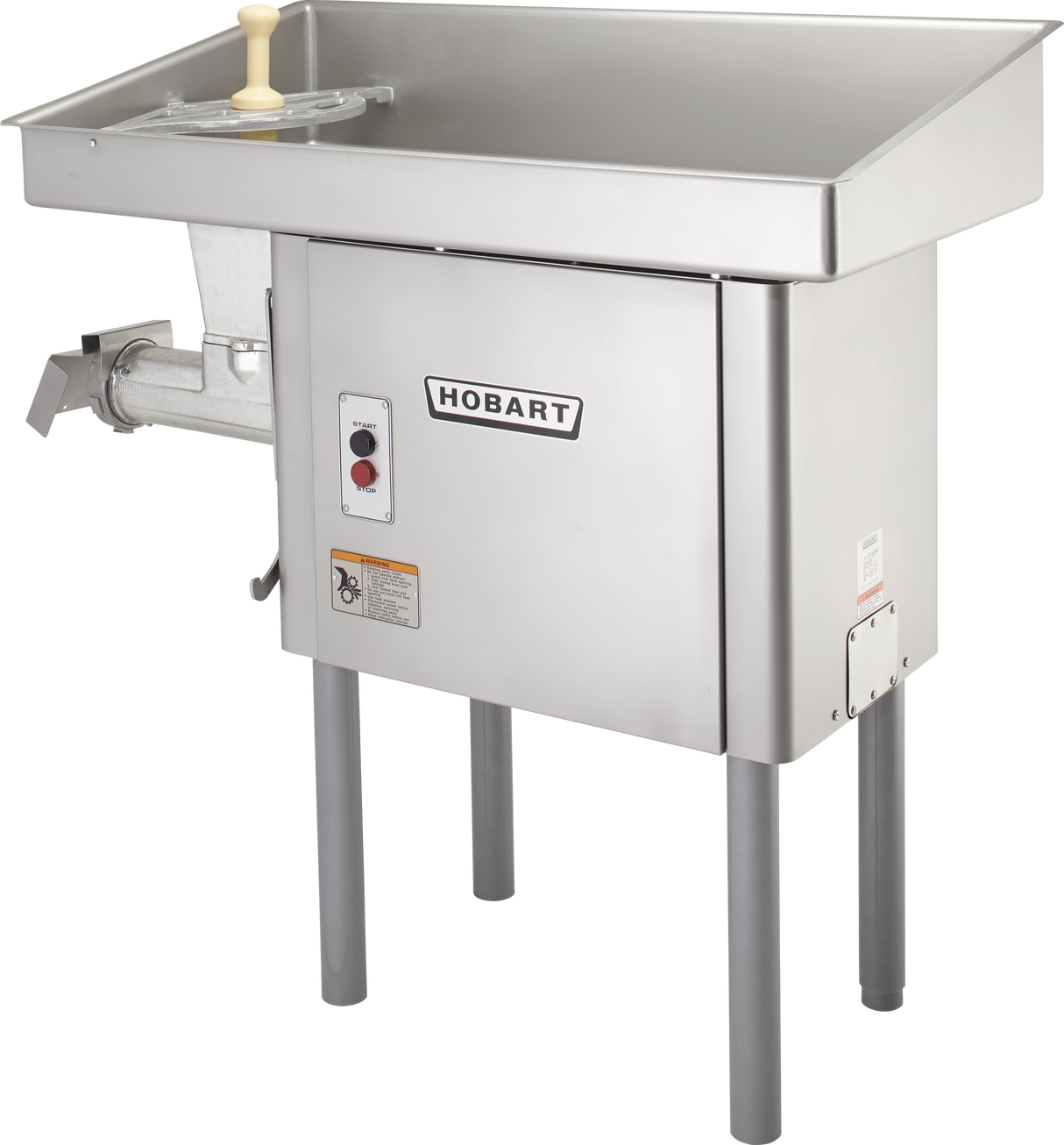 A commercial Hobart Meat Grinder with a powerful 5 HP motor, large stainless steel tray, front control panel, side-mounted grinding tube, attached pusher, and four sturdy legs. The surface and body are clean, industrial, and heavy-duty.