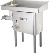 A commercial Hobart Meat Grinder with a powerful 5 HP motor, large stainless steel tray, front control panel, side-mounted grinding tube, attached pusher, and four sturdy legs. The surface and body are clean, industrial, and heavy-duty.