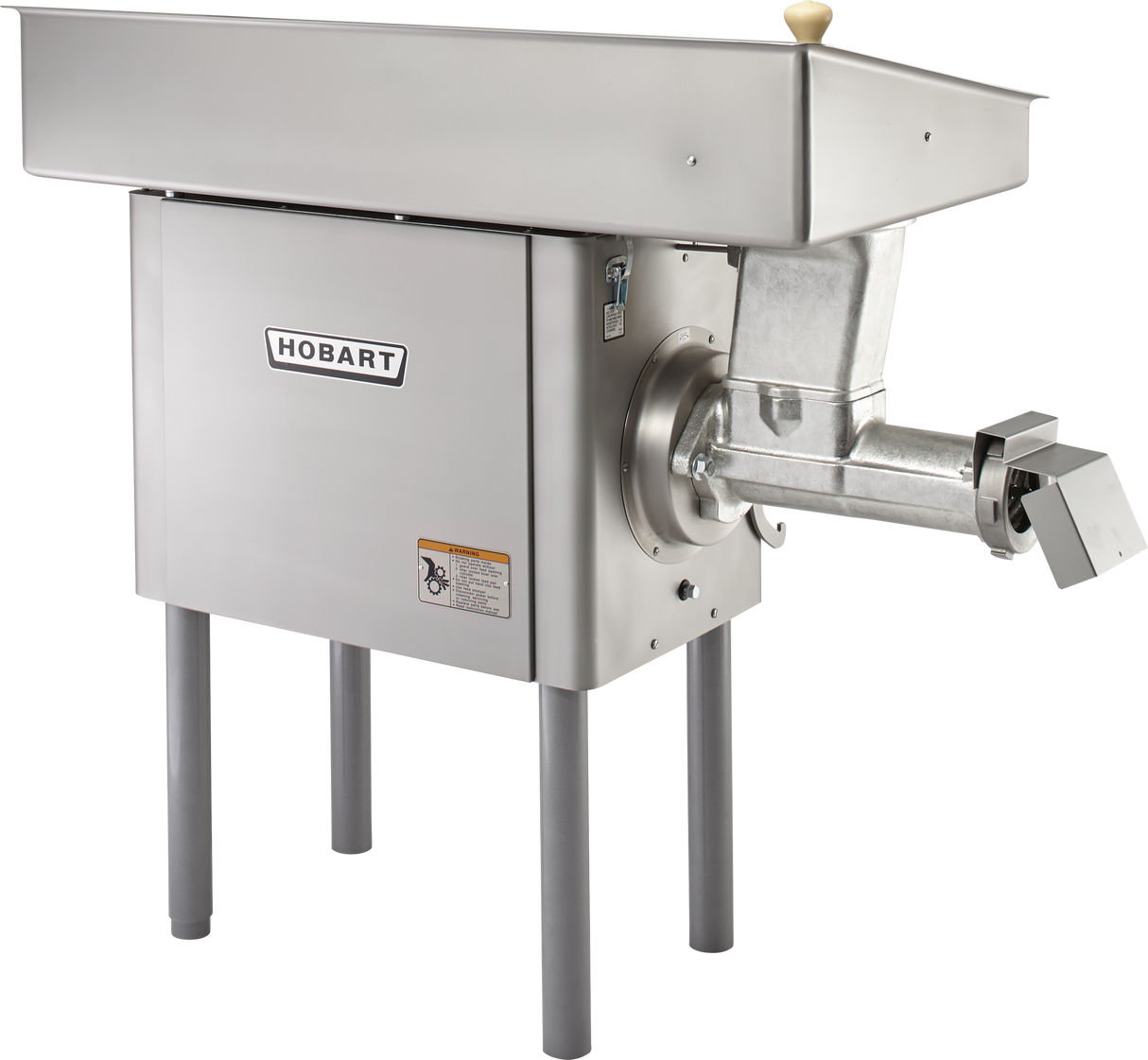A large, industrial Hobart Meat Grinder crafted from stainless steel stands on four legs. It features a rectangular feed tray, powerful 5 HP motor housing with the Hobart logo, and a horizontal grinding attachment with a dispensing chute.