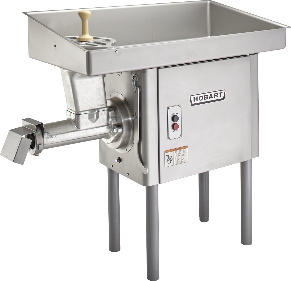 The Hobart Meat Grinder features a large rectangular tray, feed tube with handle, and control buttons. Made of stainless steel, it stands on four metal legs and boasts a powerful 5 HP motor for efficient commercial use.