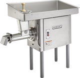 The Hobart Meat Grinder features a large rectangular tray, feed tube with handle, and control buttons. Made of stainless steel, it stands on four metal legs and boasts a powerful 5 HP motor for efficient commercial use.