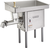 The Hobart Meat Grinder features a large rectangular tray, feed tube with handle, and control buttons. Made of stainless steel, it stands on four metal legs and boasts a powerful 5 HP motor for efficient commercial use.