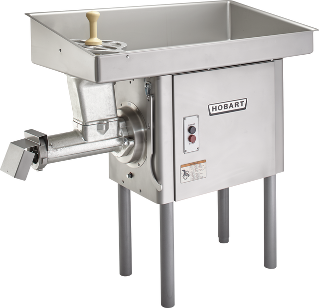 The Hobart Meat Grinder features a large rectangular tray, feed tube with handle, and control buttons. Made of stainless steel, it stands on four metal legs and boasts a powerful 5 HP motor for efficient commercial use.