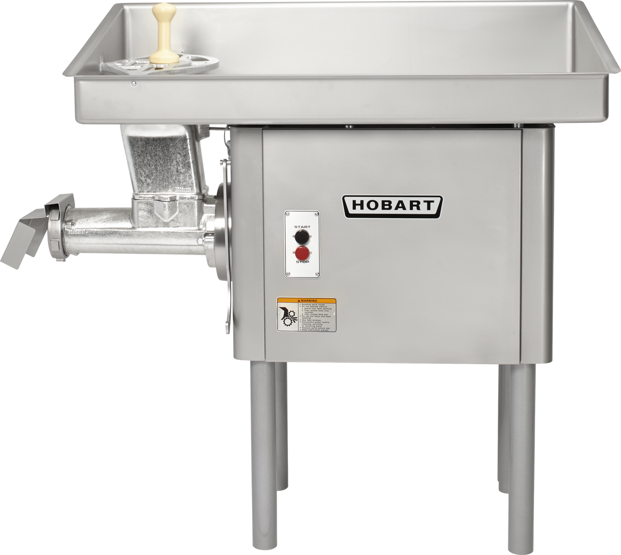 A Hobart Meat Grinder with a powerful 5 HP motor, made of stainless steel, features a large rectangular tray, a left-side chute for ground meat, front control buttons, sturdy legs for support, and a plastic tamper resting in the upper tray.