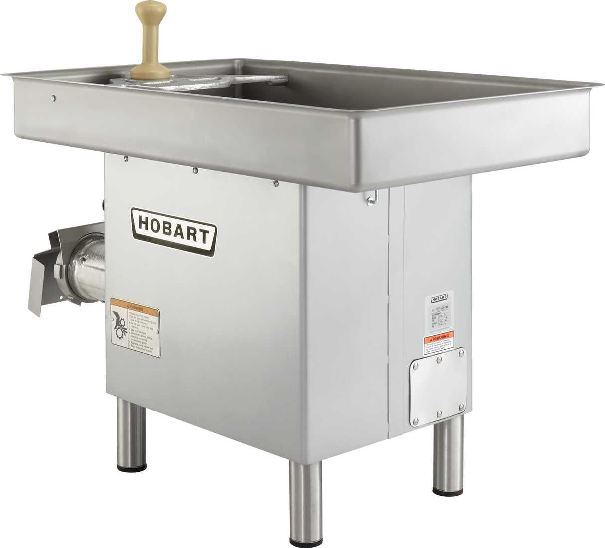 A Hobart Meat Grinder with a 3 HP motor, stainless steel body, and stainless steel pan features a rectangular tray on top, hand crank, metal grinder attachment in front left, sturdy metal legs, and visible safety and brand labels.