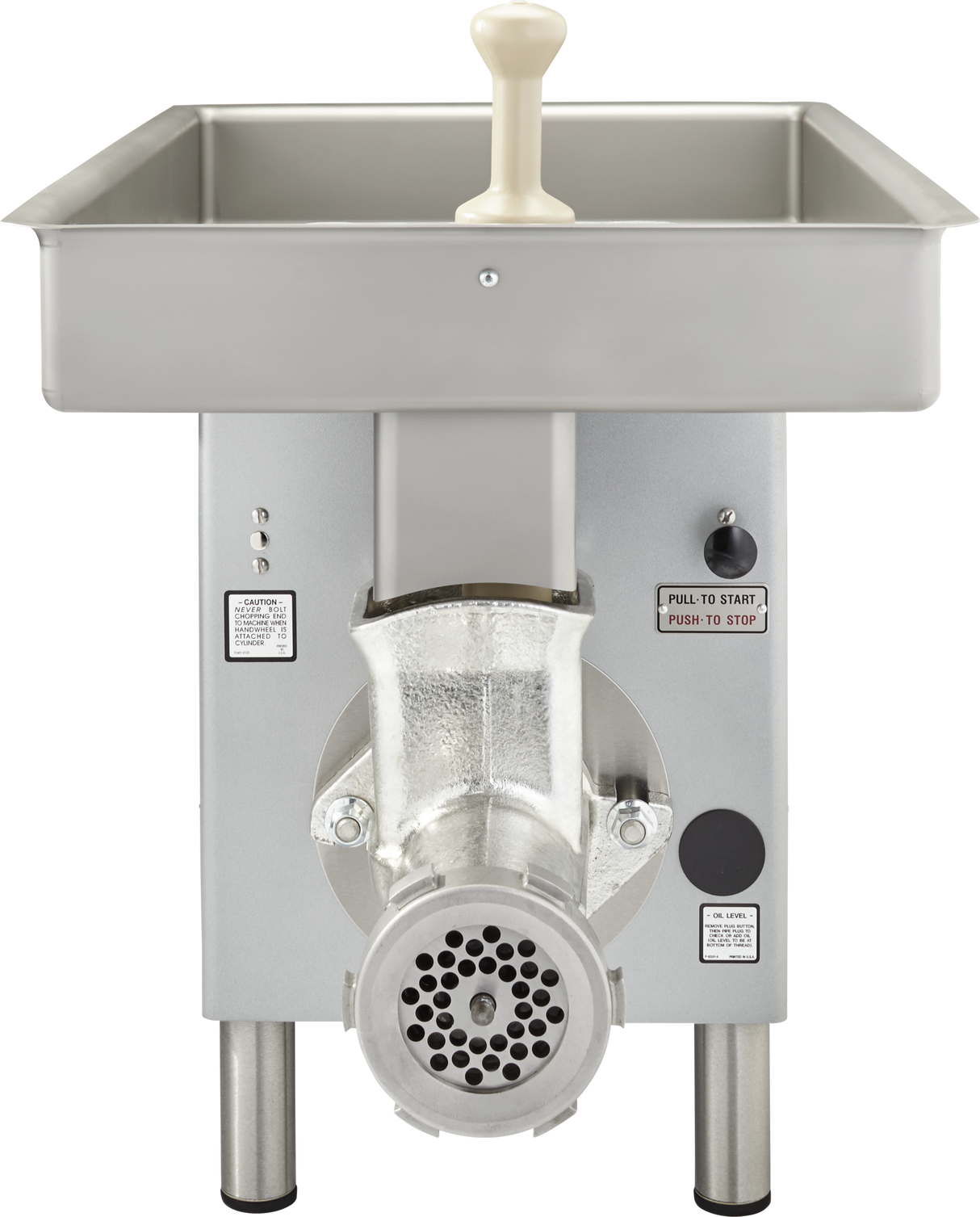 A Hobart Meat Grinder with a powerful 3 HP motor features a large rectangular tray, white pusher handle, circular grinding plate, control buttons, and instruction labels. This silver machine stands on four metal legs and offers a 35-40 lb/min capacity.