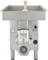 A Hobart Meat Grinder with a powerful 3 HP motor features a large rectangular tray, white pusher handle, circular grinding plate, control buttons, and instruction labels. This silver machine stands on four metal legs and offers a 35-40 lb/min capacity.