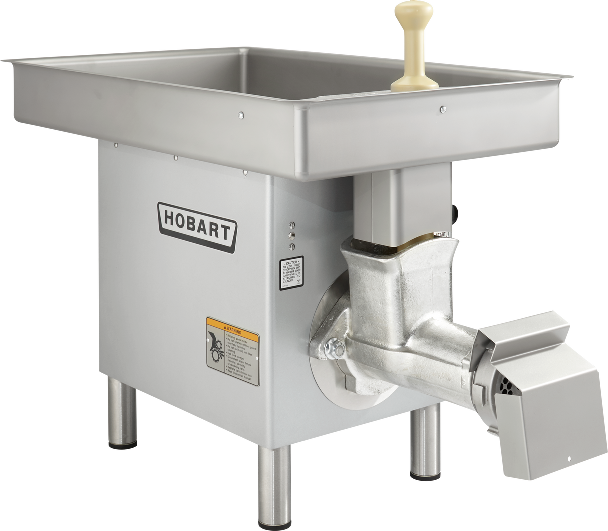 A commercial Hobart Meat Grinder with a large rectangular stainless steel tray, plastic pusher handle, and sturdy metal legs. The 3 HP motor delivers a 35-40 lb/min capacity, with a front grinding mechanism and safety guard.