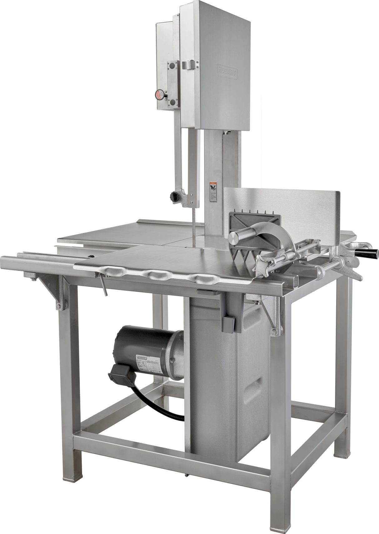 The Hobart 6614-1IP commercial meat band saw features a stainless steel frame, large cutting table, integrated pusher, adjustable fence, and vertical blade. It operates on 200-230/60/3 voltage with a motor below the table and safety blade guards.
